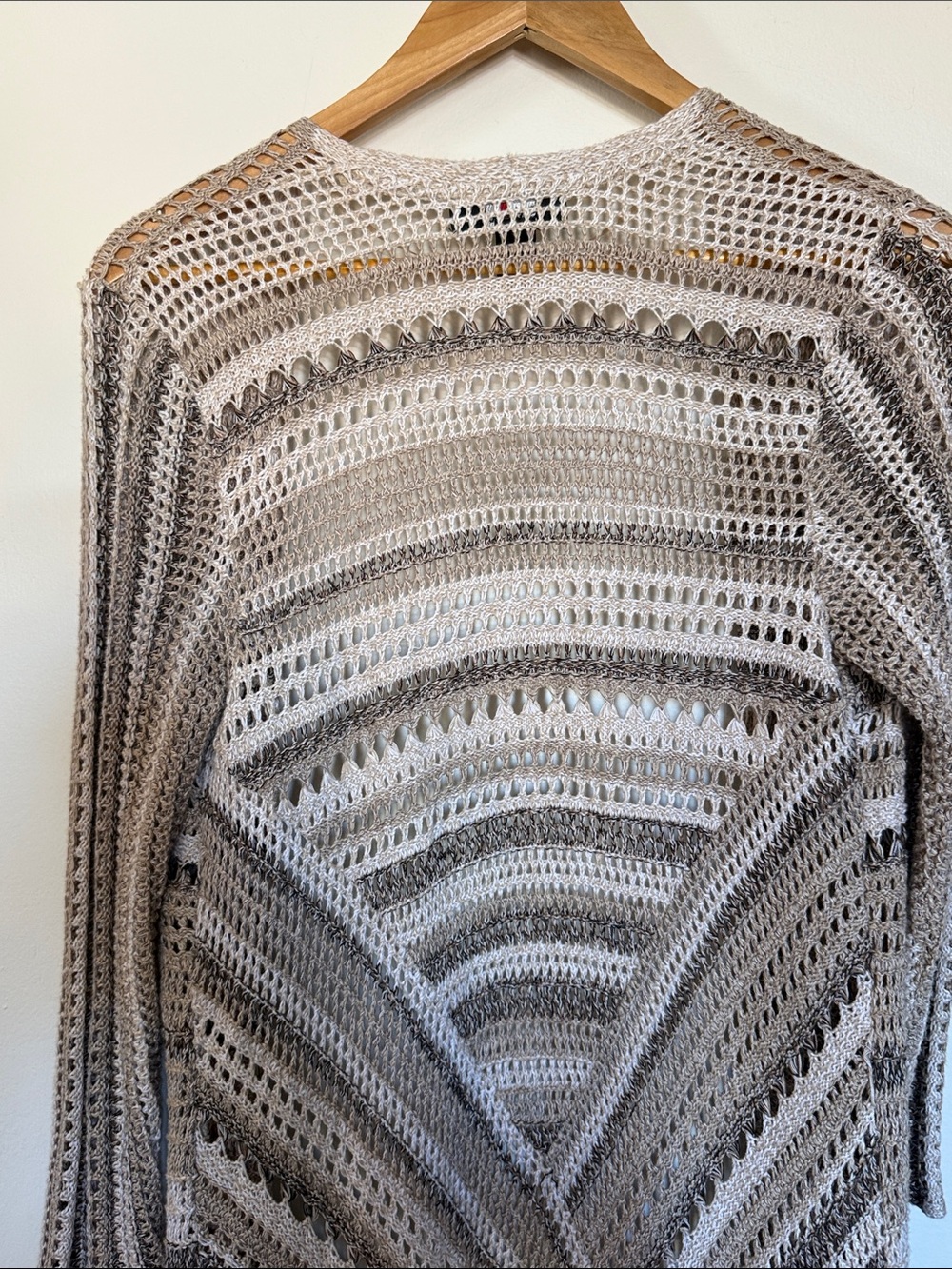 Style & Co Tan Multi Stripe Crochet Open Front Cardigan Medium Womens Pointelle - Picture 8 of 11
